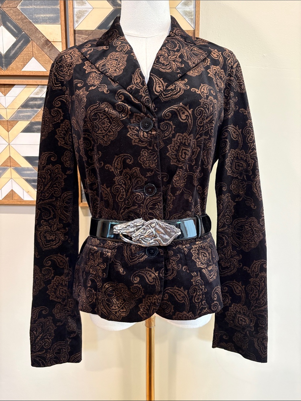 Vintage Lauren Ralph Lauren Black Gold Paisley Button-Up Velvet Blazer Jacket 8